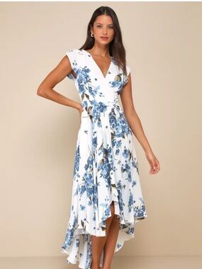 Lulu's White & Blue Floral Wrap High-Low Dress